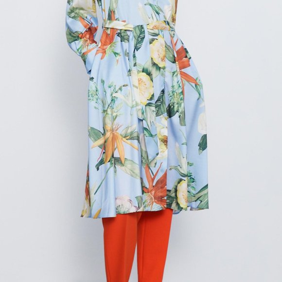 ZARA Woman's Belted Printed SHIRT Dress Light Blue Floral w/Pockets - Picture 3 of 3
